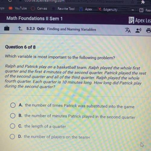 Which variable is most important to the following problem?

Ralph and Patrick play on a basketball