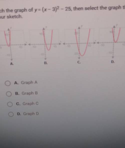 Sketch the graph of y = (x - 3)^2 - 25, then select the craft that correspond to your sketch.​