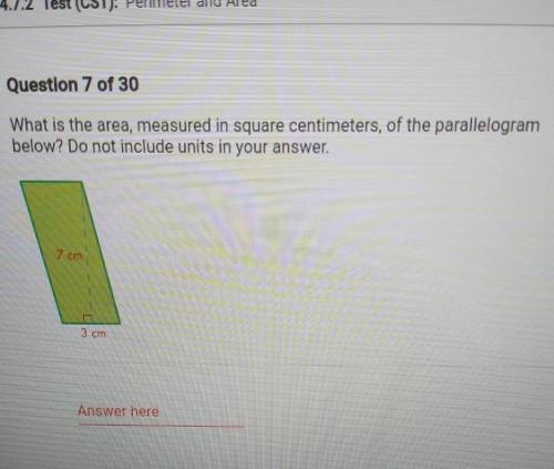 Area is measured in square centimeters of parallelogram below do not include unions in your answer
