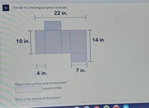 The net of a rectangular prism is shown. 22 in. 10 in. 14 in. 4 in. 7 in. What is the surface area