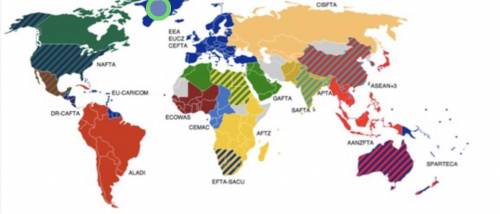 Global Free Trade Zones

Map indicates the following free trade zones NAFTA is Canada, Mexico, and