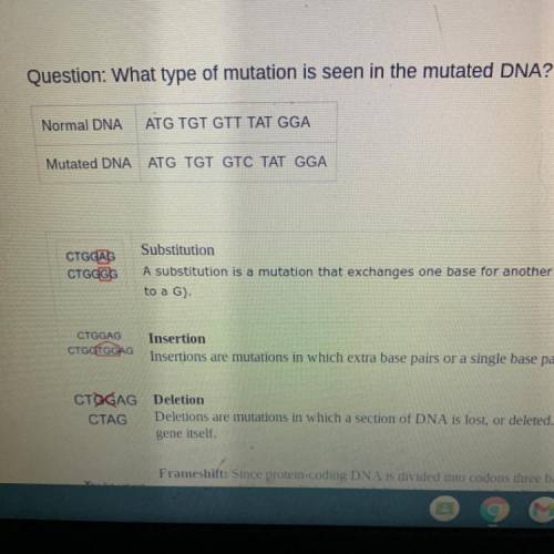 Question: What type of mutation is seen in the mutated DNA?

Normal DNA
ATG TGT GTT TAT GGA
Mutate