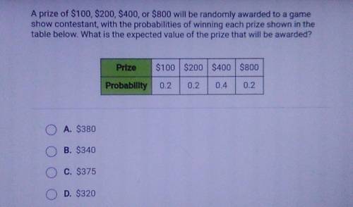 A prize of $100, $200, $400, or $800 will be randomly awarded to a game show contestant, with the p