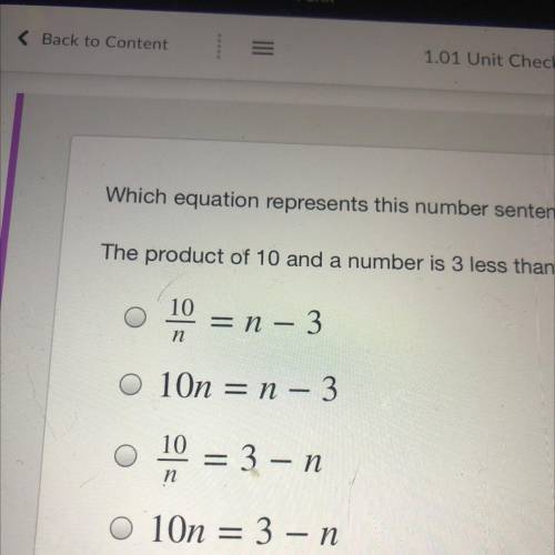 which equation represents this number sentence? the product of 10 and a number is 3 less than the n