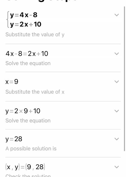 Solve the system using substitution.
y = 4x – 8
y = 2x + 10