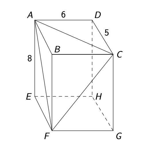 ABCDEFGH is a rectangular prism with CD=5, AD=6, and AE=8. Find the volume of tetrahedron ABCF.