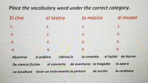 Place the vocabulary word under the correct category. El cine el teatro la música el museo 1. 1. 1.