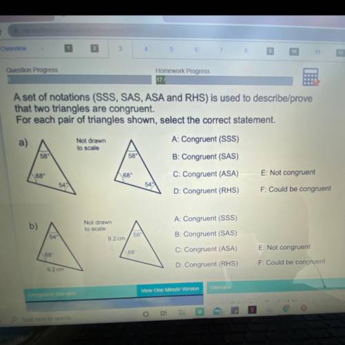 A set of notations (SSS, SAS, AS nd RHS) is used to describe/prove

that two triangles are congrue