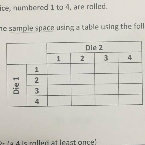 Two four sided dice, numbered 1 to 4 are rolled
list the sample space