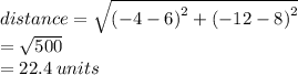 distance =  \sqrt{ {( - 4 - 6)}^{2} +  {( - 12 - 8)}^{2}  }  \\  =  \sqrt{500}  \\  = 22.4 \: units