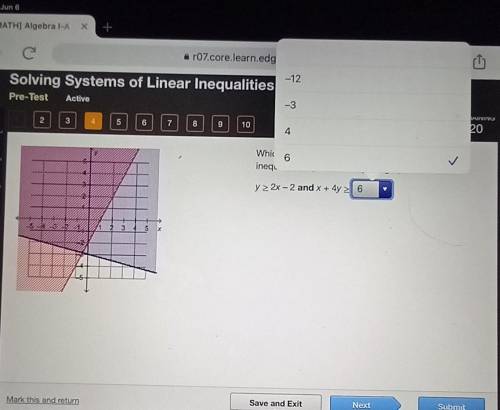 Which number completes the system of linear inequalities represented by the graph? y > 2x - 2 an