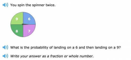 You spin the spinner twice.

What is the probability of landing on a 6 and then landing on a 9?
Wr