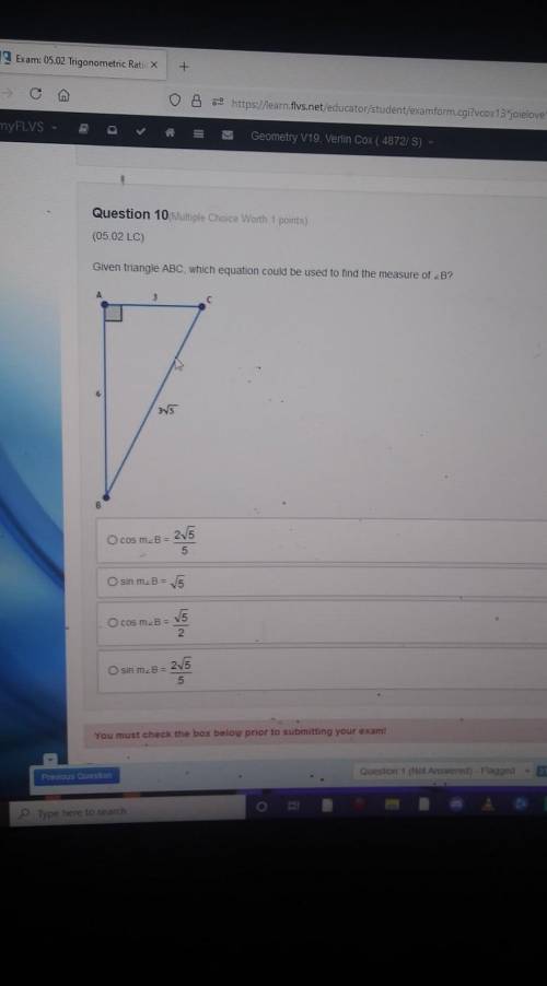 Question 10(Multiple Choice Worth 1 points) (05.02 LC) Given triangle ABC, which equation could be