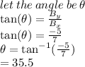let \: the \: angle \: be \:  \theta \\  \tan(\theta)  =  \frac{B _{y} }{B _{x} }  \\  \tan( \theta)  =  \frac{ - 5}{7}  \\  \theta =  { \tan }^{ - 1} ( \frac{ - 5}{7} ) \\  = 35.5 \degree