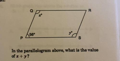 I’m the parallelogram above, what is the value of x+y 
Help please
