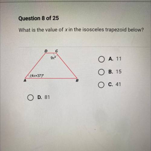 What is the value of X in the isosceles trapezoid below?￼
