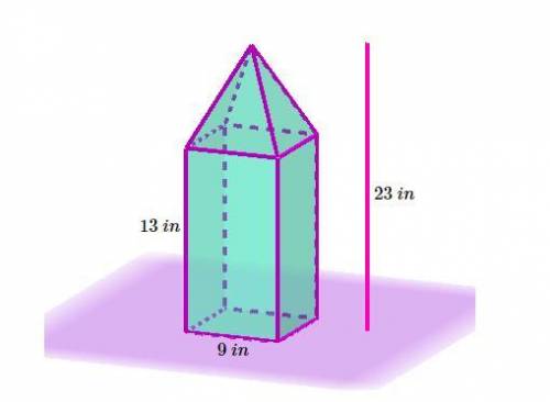 A storage bin has the shape of a Square Prism with a Pyramid top. What is the volume of the storage