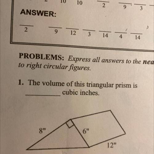 the volume of this triangular prism is ….. cubic inches. please someone help, will give brainliest