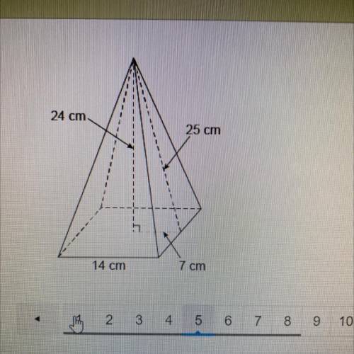What is the volume of this square pyramid?
Enter your answer in the box.
____ cm^3