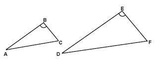 Triangle ABC ~ Triangle DEF. Measure of angle A = 30 degrees and measure of angle F = 65 degrees. A