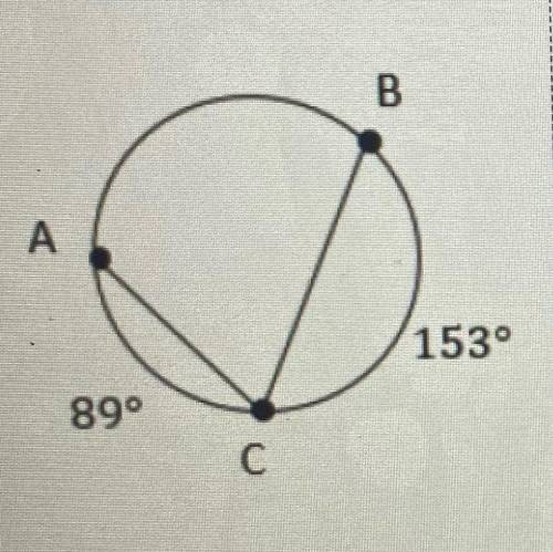 A circle shown below, m AC = 89° and m BC = 153°. Determine m∠ACB.
