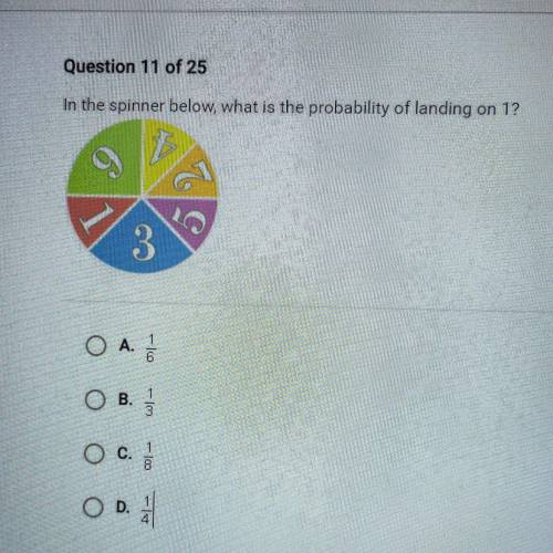 HELP ASAP!!! In the spinner below what is the probability of landing on 1?