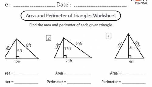 Area and Perimeter of Triangles Worksheet
Find the area and perimeter of each given triangle