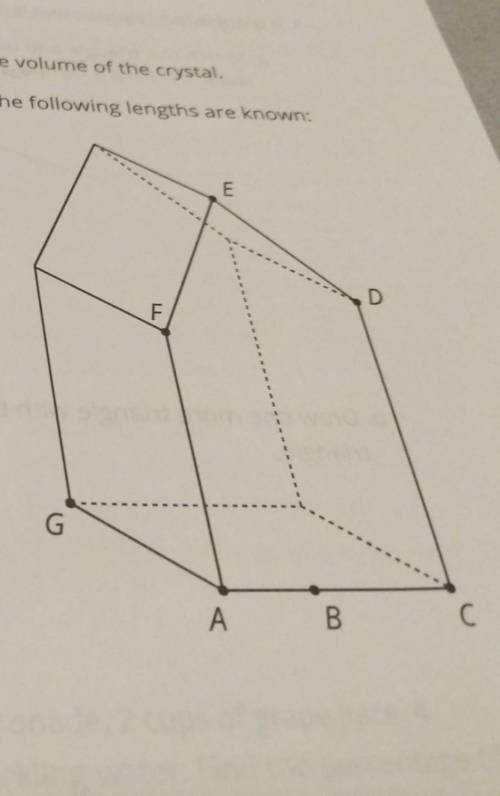 You find a crystal in the shape of a prism. Find the volume of the crystal. The point B is directly