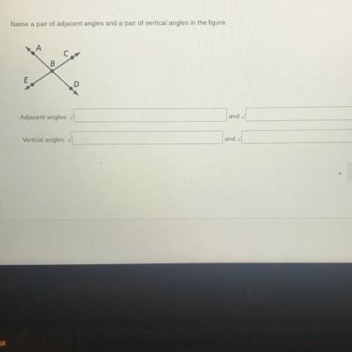 Name a pair of adjacent angles and a pair of vertical angles in the figure