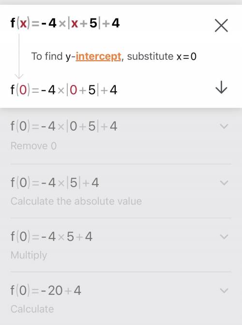 Find the x- and y-intercepts of the graph of the function f(x)=−4|x+5|+4.