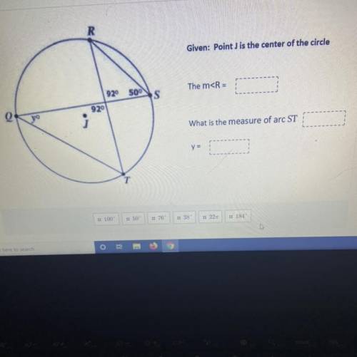 R

Given: Point J is the center of the circle
The m
920
50
929
Q
yo
i
What is the measure of arc S