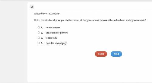 Which constitutional principle divides power of the government between the federal and state govern