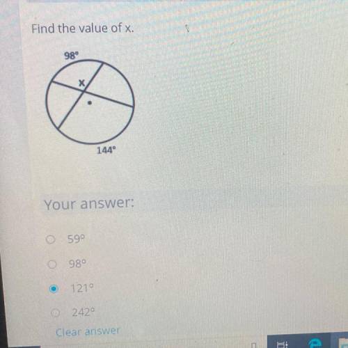 Find the value of x.
98°
X Х
144°