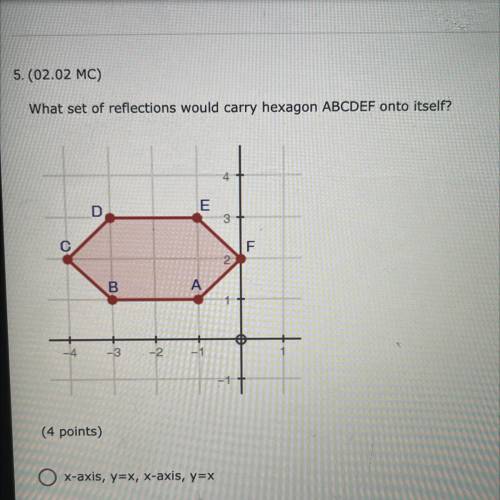5. (02.02 MC)

What set of reflections would carry hexagon ABCDEF onto itself?
(4 points)
O x-axis