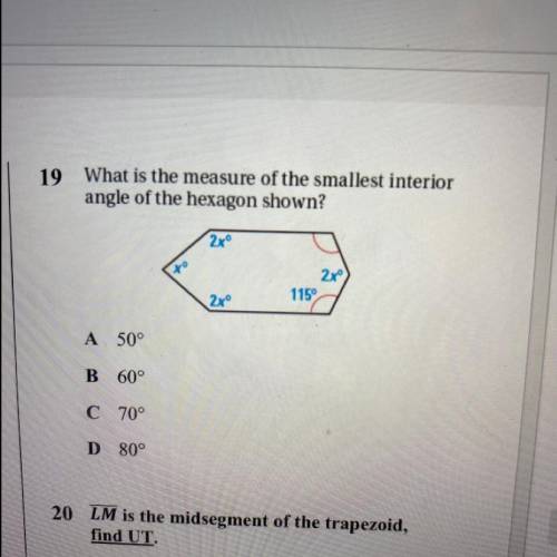 What is the measure of the smallest interior angle of the hexagon shown?

Please I need help.... p