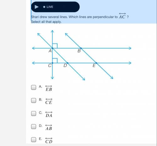Shari drew several lines. Which lines are perpendicular to ←→
Select all that apply.