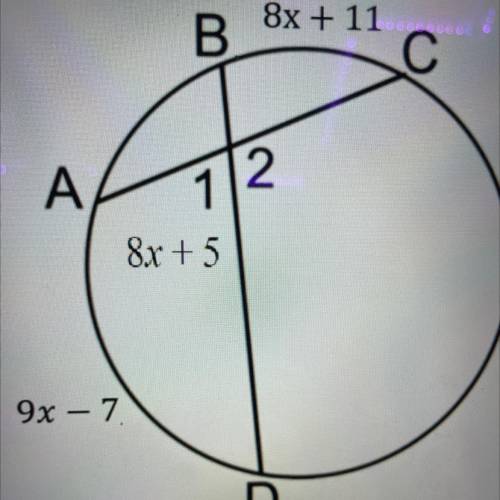 Solve for m angle1 given that m overline BC =8x+11 , m AD = 9x - 7, andm AD 7, and m angle1=8x+5