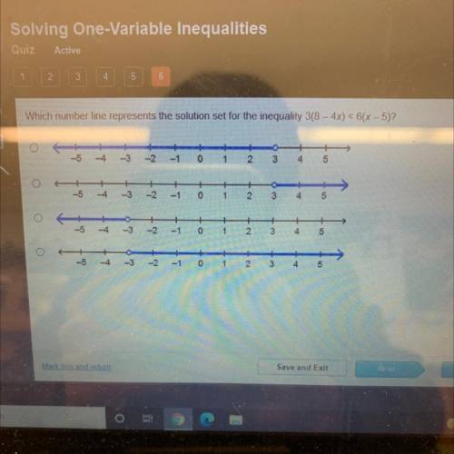 Which number line represents the solution set for the inequality 38 - 4x) <6(x - 5)?

-5
OM
+
4
