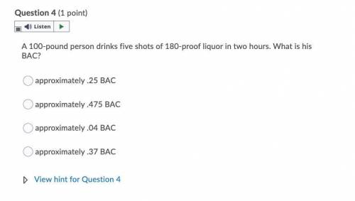 A 100lb person drinks five shots of 180-proof liquor in two hours. What is his BAC?