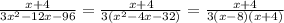 \frac{x + 4}{3 {x}^{2}   - 12x - 96}  =  \frac{x + 4}{3( {x}^{2} - 4x - 32) }  =  \frac{x + 4}{3(x - 8)(x + 4)}