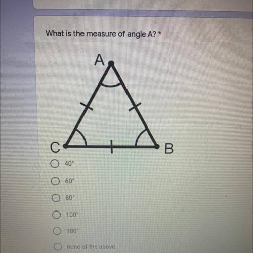 PLEASE HELP
What is the measure of angle A?
Multiple choice!
Thank y