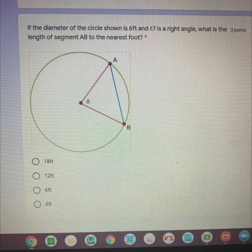 PLEASE HELP
If the diameter of the circle shown below is 6ft and 0 is