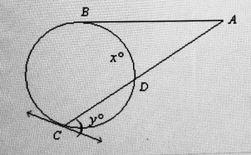 AB is tangent to the circle at B m< A =27 and mBC=114. Find x and y