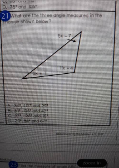 What are the three angle measures in the triangle shown below​