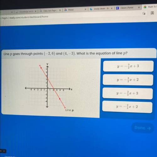 Line p goes through points (-2,6) and (4, -3). What is the equation of line p