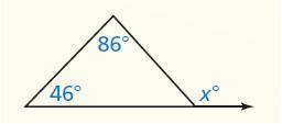 Find the measure of the exterior angle.
The measure of the exterior angle of the triangle is
