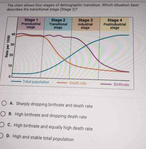 The chart shows four stages of demographic transition. Which situation best describes the transitio