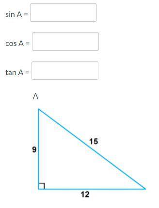 Type in the ratios for sin A, cos A, and tan A. Be sure to simplify your fractions first!
