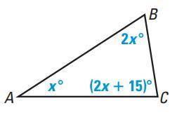 Find the value of 'x' then calculate the measure of angle C(2x + 15) in the triangle below.