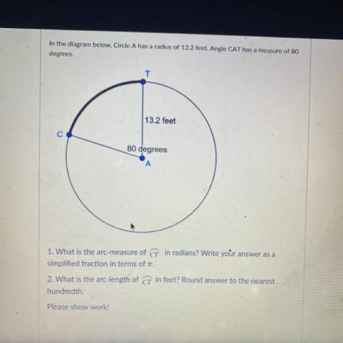 What is the arc measure of ct in radians? what is the arc length in feet?